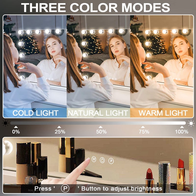 Kottova Vanity Mirror with Lights, 23"x18.1" Lighted Makeup Mirror with 15 Dimmable LED Bulbs, Hollywood Mirror with 3 Color Lightings, USB Charging Port Touch Control, Metal Frame,Plug in (White) - Image 2