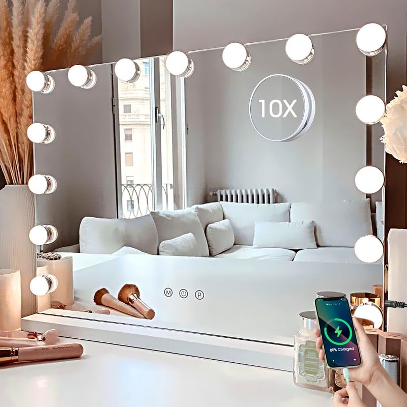 Kottova Vanity Mirror with Lights, 23"x18.1" Lighted Makeup Mirror with 15 Dimmable LED Bulbs, Hollywood Mirror with 3 Color Lightings, USB Charging Port Touch Control, Metal Frame,Plug in (White) - Image 1