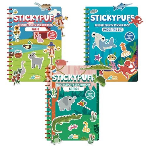 DINO MINI Stickypuff Value Pack 3 Reusable Puffy Sticker Book for Toddlers Puffy Stickers for Toddlers Travel Activities for Kids Ages 48 Screen Free Birthday Gifts Animals - Image 1