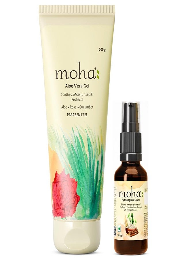 Moha Hydrating Skincare Combo Set - 2% Hyaluronic Acid Serum - 30 Ml & Aloe Vera Gel - 200 Gm with Rice Bran, Yashtimadhu, Bamboo, Rose & Cucumber for Glowing & Anti-Aging Skin, Moisturizes & Protects Skin | Reduce Fine Lines, Gives Youthful Look & Plumps Skin | Fight Acne, Reduce Breakouts, Soothes Irritation & Pigmentation | Lightweight, Non-Greasy, Quick Absorbing for All Skin Types - Pack of 2 - Image 1