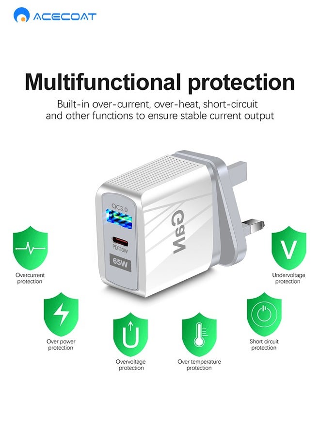 محول كمبيوتر محمول لشاحن الحائط للهاتف اللوحي بقدرة 65 وات مع QC3.0 USB وPD33W نوع C-مقبس توصيل محمول سريع الشحن عالمي في المملكة المتحدة مع حماية متعددة الوظائف لهاتفأبل هواوي شاومى سامسونج، أبيض