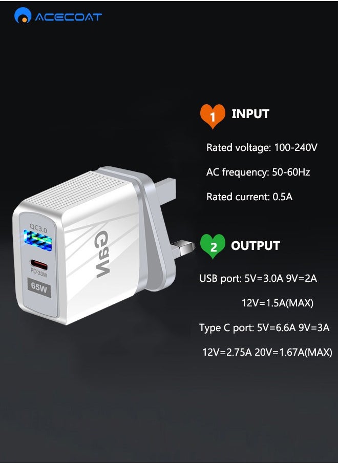 محول كمبيوتر محمول لشاحن الحائط للهاتف اللوحي بقدرة 65 وات مع QC3.0 USB وPD33W نوع C-مقبس توصيل محمول سريع الشحن عالمي في المملكة المتحدة مع حماية متعددة الوظائف لهاتفأبل هواوي شاومى سامسونج، أبيض