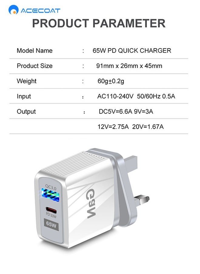 محول كمبيوتر محمول لشاحن الحائط للهاتف اللوحي بقدرة 65 وات مع QC3.0 USB وPD33W نوع C-مقبس توصيل محمول سريع الشحن عالمي في المملكة المتحدة مع حماية متعددة الوظائف لهاتفأبل هواوي شاومى سامسونج، أبيض