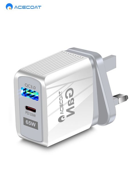 محول كمبيوتر محمول لشاحن الحائط للهاتف اللوحي بقدرة 65 وات مع QC3.0 USB وPD33W نوع C-مقبس توصيل محمول سريع الشحن عالمي في المملكة المتحدة مع حماية متعددة الوظائف لهاتفأبل هواوي شاومى سامسونج، أبيض