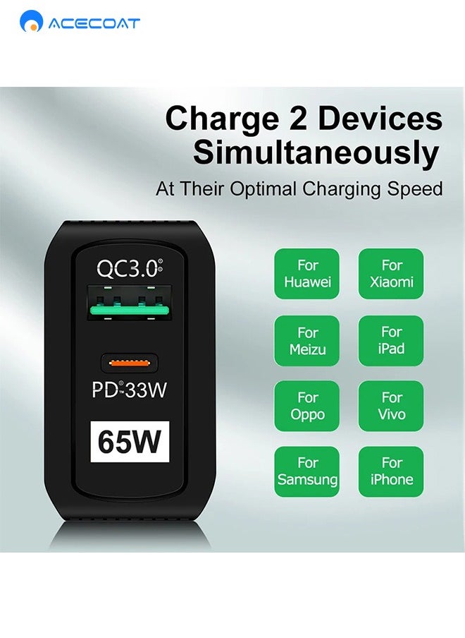 محول كمبيوتر محمول لشاحن الحائط للهاتف اللوحي بقدرة 65 وات مع QC3.0 USB وPD33W نوع C-مقبس توصيل محمول سريع الشحن عالمي في المملكة المتحدة مع حماية متعددة الوظائف لهاتفأبل هواوي شاومى سامسونج، أبيض