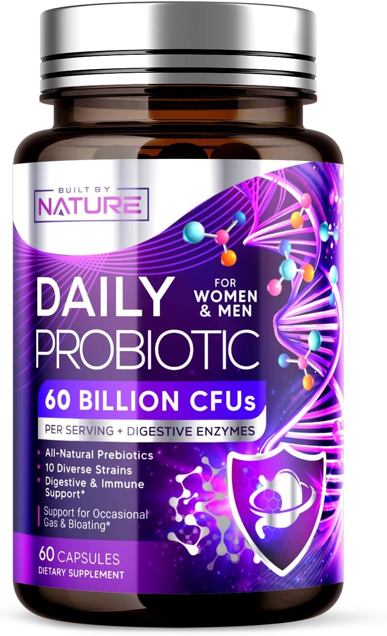 Built By Nature بيلت باي ناتشر بروبيوتيك للنساء والرجال 60 مليار CFU 10 سلالات  بروبيوتيك  إنزيمات هضمية  يدعم الهضم والمناعة ويقلل من الغازات والانتفاخ  مستقر على الرف  غير معدل وراثيًا  60 كبسولة - Image 1
