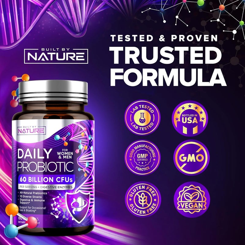 Built By Nature بيلت باي ناتشر بروبيوتيك للنساء والرجال 60 مليار CFU 10 سلالات  بروبيوتيك  إنزيمات هضمية  يدعم الهضم والمناعة ويقلل من الغازات والانتفاخ  مستقر على الرف  غير معدل وراثيًا  60 كبسولة - Image 5