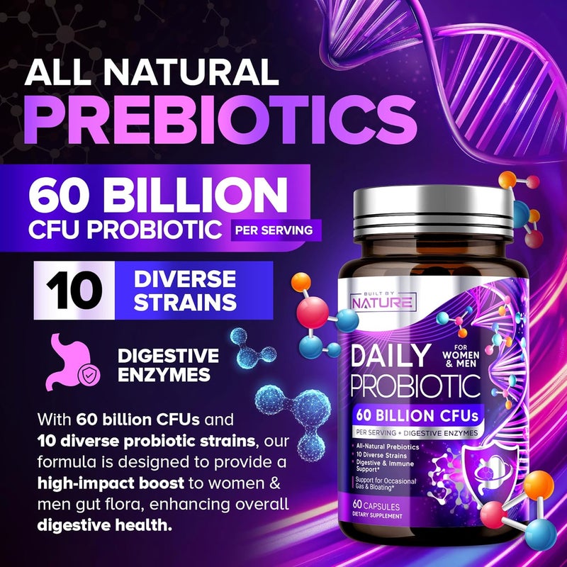 Built By Nature بيلت باي ناتشر بروبيوتيك للنساء والرجال 60 مليار CFU 10 سلالات  بروبيوتيك  إنزيمات هضمية  يدعم الهضم والمناعة ويقلل من الغازات والانتفاخ  مستقر على الرف  غير معدل وراثيًا  60 كبسولة - Image 4