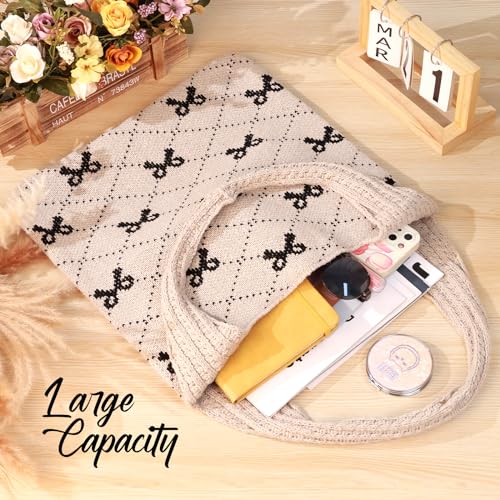 KPX Crochet Tote, Beach Mesh Knitted Shoulder Bag - Large Aesthetic Hobo Bag for Women - Summer (Bow Style, Black) - Image 5