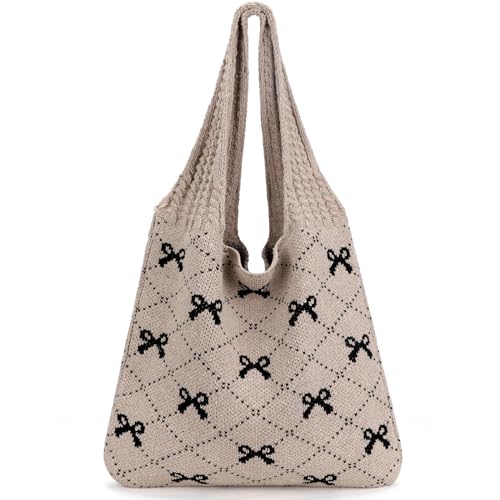KPX Crochet Tote, Beach Mesh Knitted Shoulder Bag - Large Aesthetic Hobo Bag for Women - Summer (Bow Style, Black) - Image 1