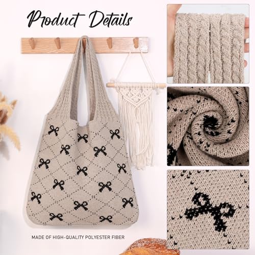 KPX Crochet Tote, Beach Mesh Knitted Shoulder Bag - Large Aesthetic Hobo Bag for Women - Summer (Bow Style, Black) - Image 4