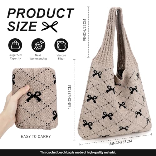 KPX Crochet Tote, Beach Mesh Knitted Shoulder Bag - Large Aesthetic Hobo Bag for Women - Summer (Bow Style, Black) - Image 2