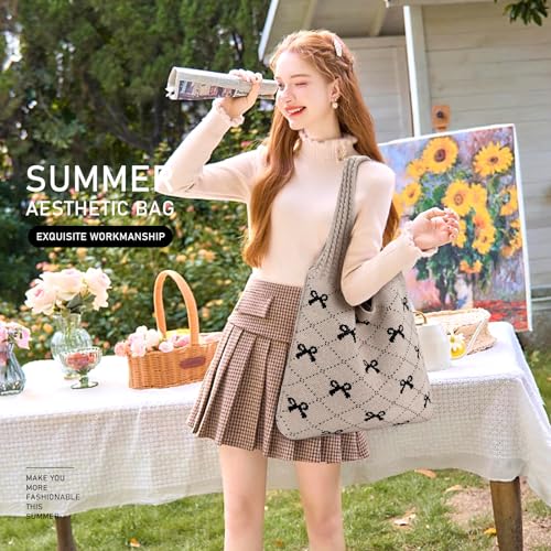 KPX Crochet Tote, Beach Mesh Knitted Shoulder Bag - Large Aesthetic Hobo Bag for Women - Summer (Bow Style, Black) - Image 3