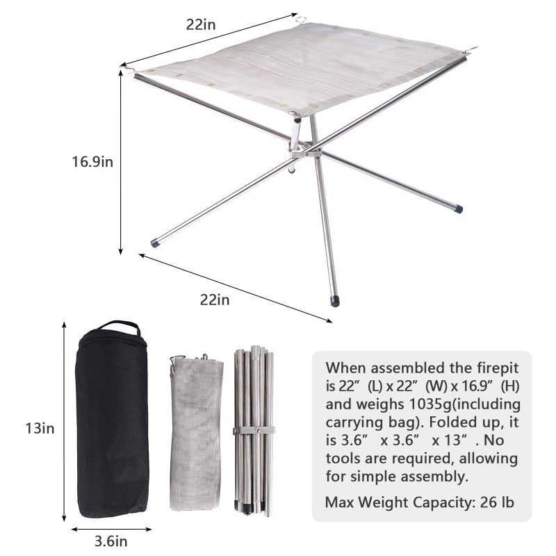 Kikerike Portable Outdoor Fire Pit 22 Inch - New Upgraded Camping Fire Pit Collapsible Foldable Mesh Fire Pits Fireplace for Camping, Campfire, Patio, Backyard and Garden - Carrying Bag Included - Image 2