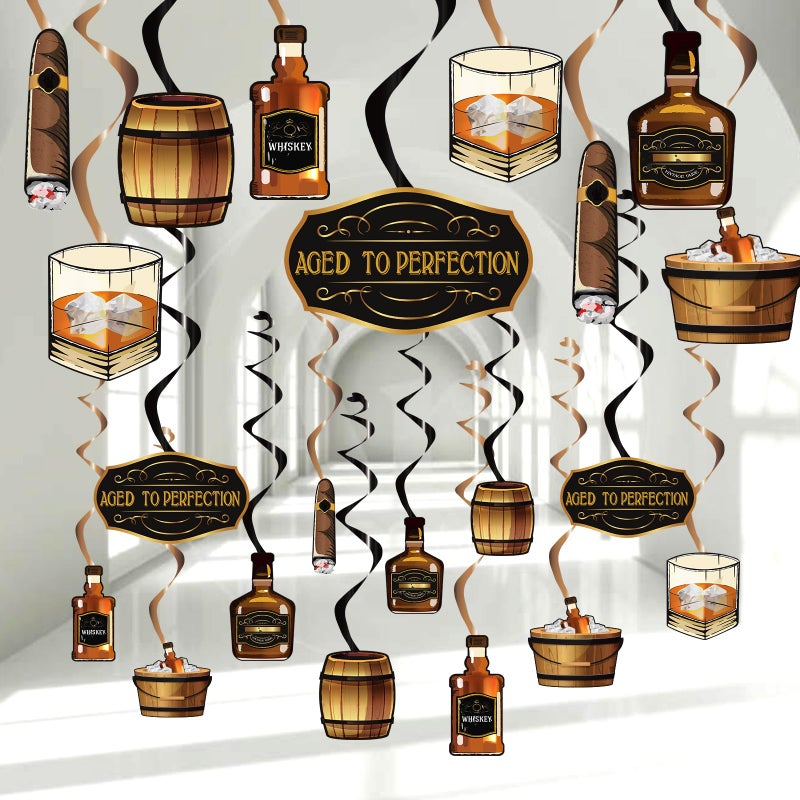 WEEPA 21 Pcs Whiskey Birthday Decorations for Men Aged to Perfection Birthday Decorations Whiskey Party Hanging Swirls Beer Themed Decor for 30th 40th 50th Party Supplies - Image 1