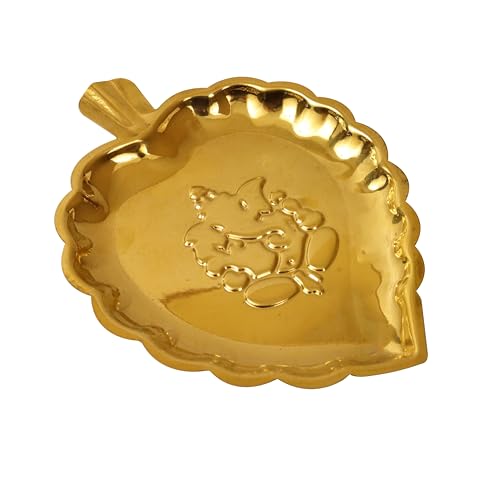 Putrika Traditional Brass Puja|Pooja Thali|Thambulam Plate|home deco|return gifts| Lord Ganesh Idol|Decorative Thali for Diwali, Aarti, Temple Use|Serving &Gifting Tray Small - Ganesha Leaf Thali - Image 1