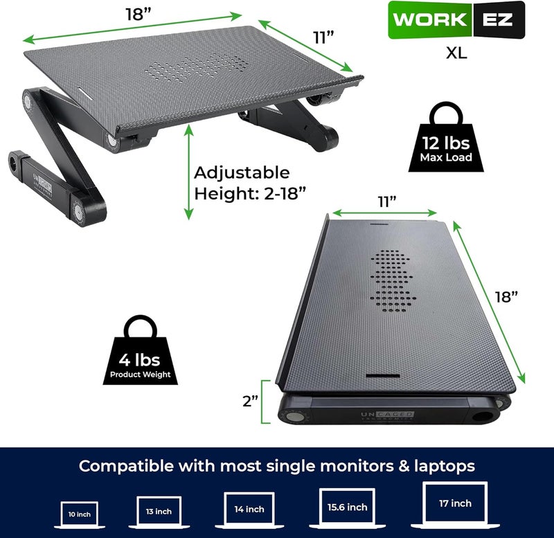 أنكيجد إيرجونوميكس Uncaged Ergonomics WorkEZ حامل كمبيوتر محمول قابل للتعديل للمكتب، حامل كمبيوتر محمول بارتفاع قابل للتعديل، حامل ومبرد كمبيوتر من الألومنيوم قابل للطي للمكتب والسرير، أسود، XL - Image 4