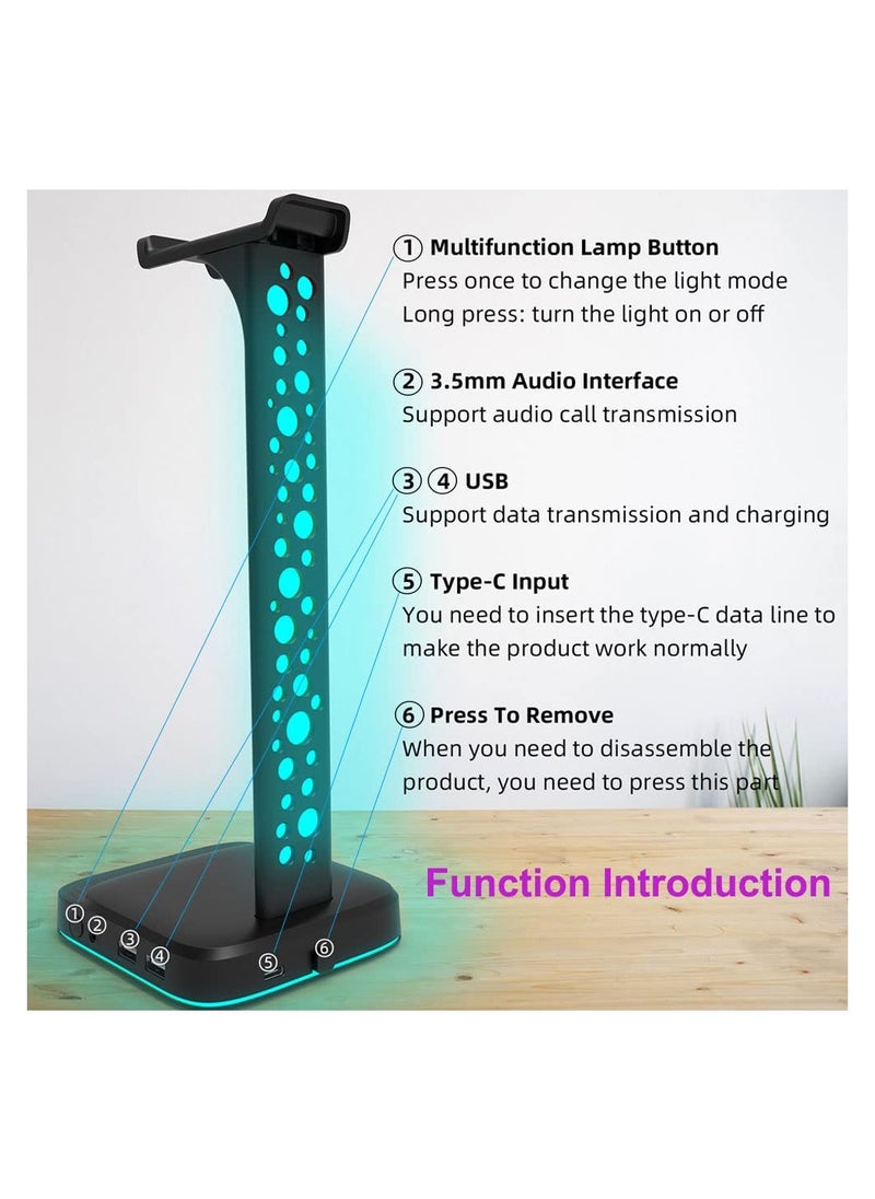 Generic - RGB Headphone Stand, with 9 Light Modes, Upgraded 5 in 1 Holder, Type-C Input/3.5mm AUX/USB Output Ports, Non-Slip Base, Gamer Gifts - Image 1