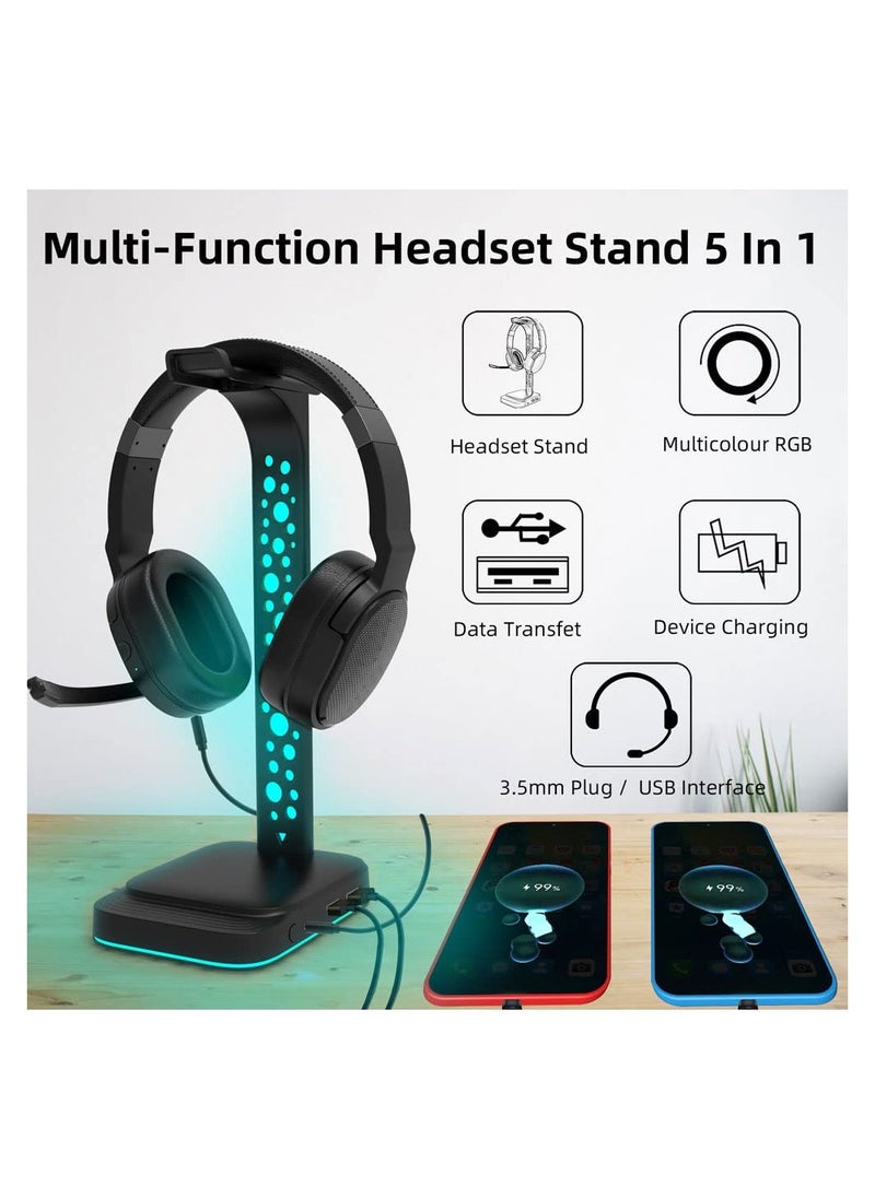 Generic - RGB Headphone Stand, with 9 Light Modes, Upgraded 5 in 1 Holder, Type-C Input/3.5mm AUX/USB Output Ports, Non-Slip Base, Gamer Gifts - Image 1