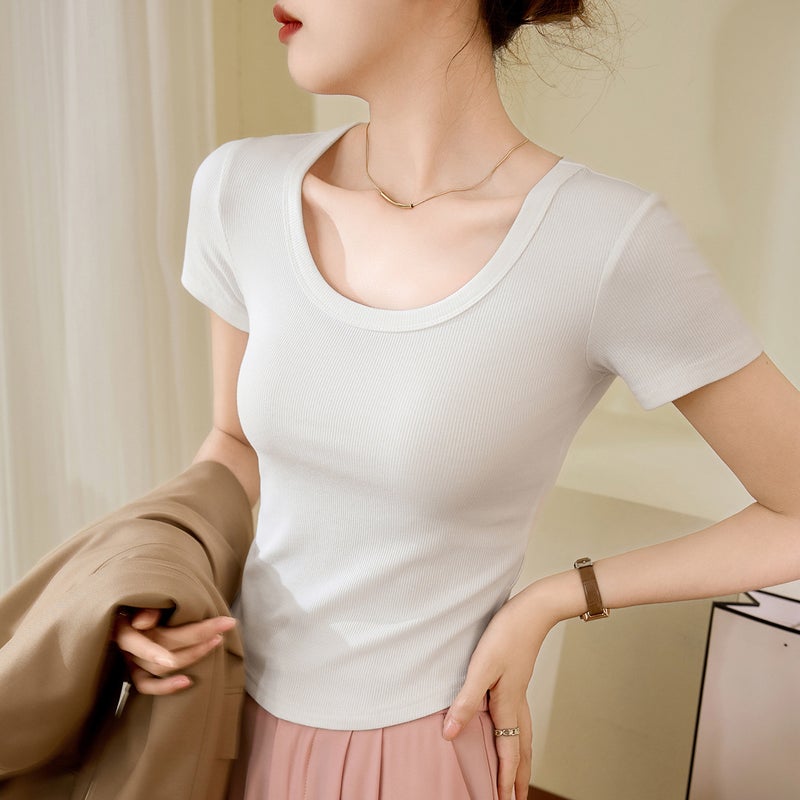 [Easy To Use] Curved T-Shirt Women'S Short-Sleeved 2025 High-Elastic Threaded Cotton Short Round Neck Bottoming Shirt - Image 1