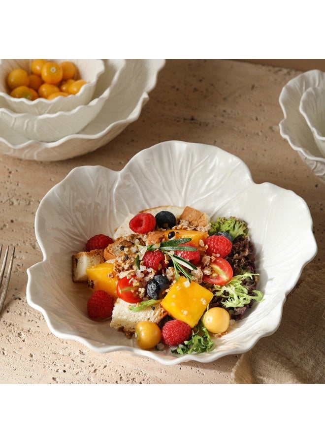 Pure White Ceramic Cabbage Relief Flower Deep Bowl, 9-inch Salad and Soup Bowl - Image 1