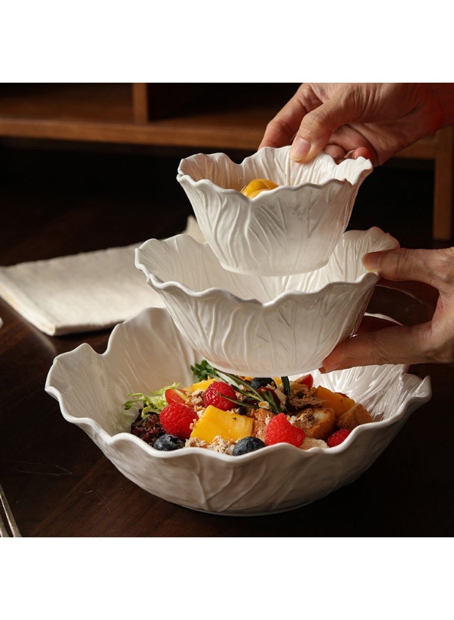 Pure White Ceramic Cabbage Relief Flower Deep Bowl, 9-inch Salad and Soup Bowl - Image 3