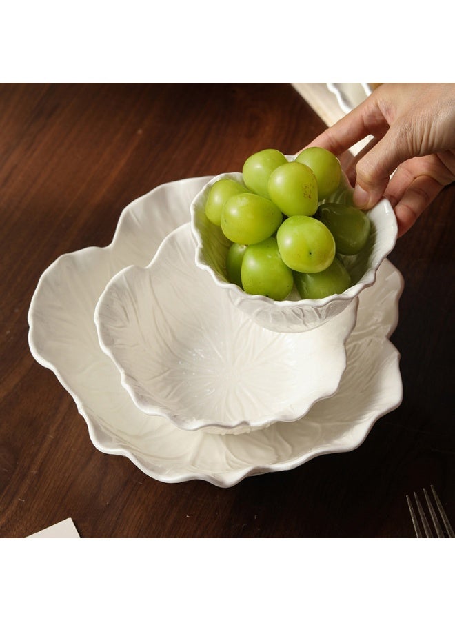 Pure White Ceramic Cabbage Relief Flower Deep Bowl, 9-inch Salad and Soup Bowl - Image 4