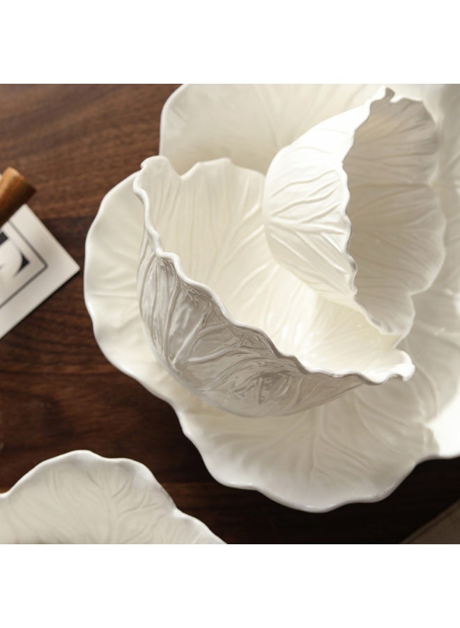 Pure White Ceramic Cabbage Relief Flower Deep Bowl, 9-inch Salad and Soup Bowl - Image 2