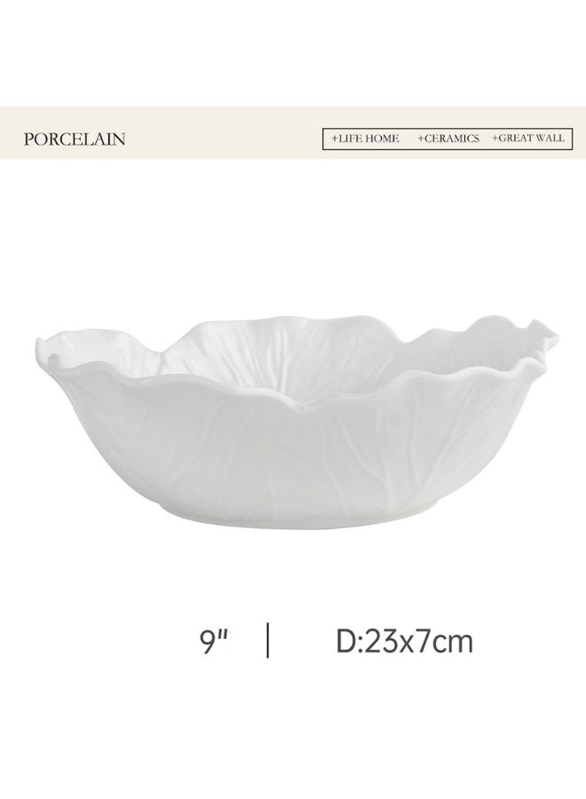 Pure White Ceramic Cabbage Relief Flower Deep Bowl, 9-inch Salad and Soup Bowl - Image 5