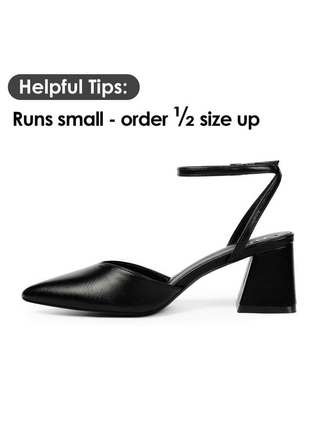 QIY Closed Toe Heels for Women Ankle Strap Pointed Toe Slingback Chunky Low Heels Womens Pumps Wedding Dress Shoes, Black, 7.5 - Image 4