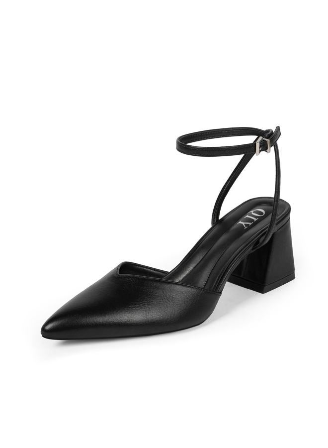 QIY Closed Toe Heels for Women Ankle Strap Pointed Toe Slingback Chunky Low Heels Womens Pumps Wedding Dress Shoes, Black, 7.5 - Image 1