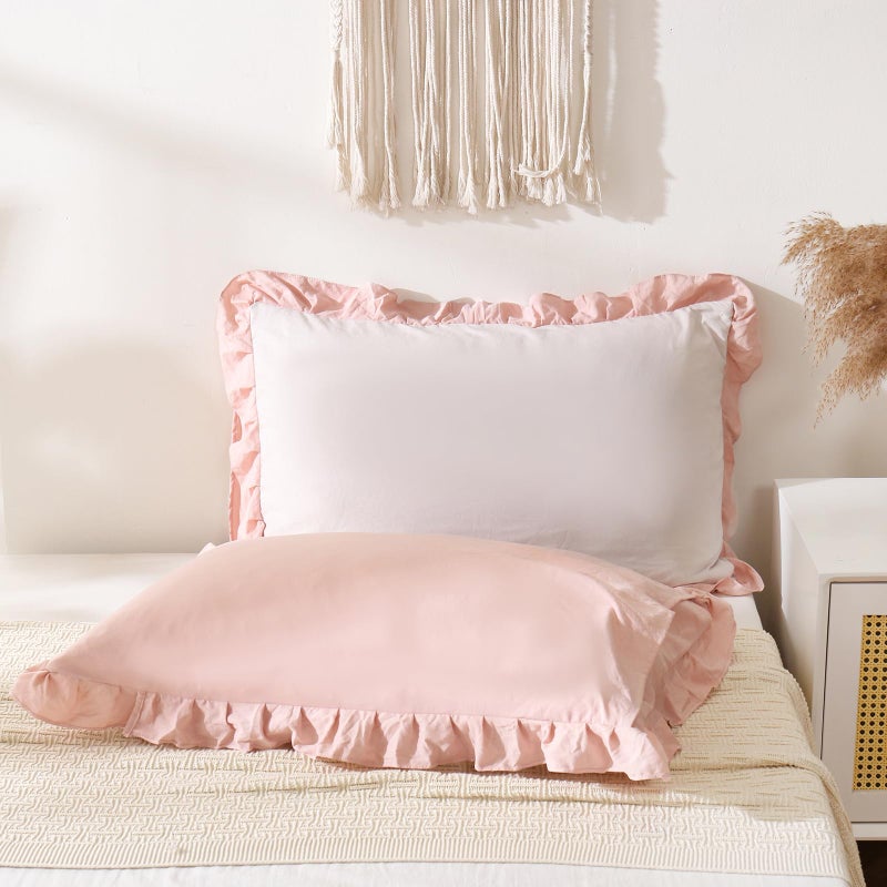 Merryword Pink Pillow Shams Beige and Pink Reversible King Pillowcases Cute Pillow Cover Set of 2 Soft Shabby Chic Ruffled Pillowcases 2 Pack (King (20''x36'')  Beige Pink) - Image 5