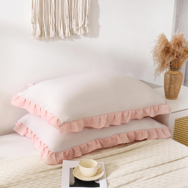 Merryword Pink Pillow Shams Beige and Pink Reversible King Pillowcases Cute Pillow Cover Set of 2 Soft Shabby Chic Ruffled Pillowcases 2 Pack (King (20''x36'')  Beige Pink) - Image 4