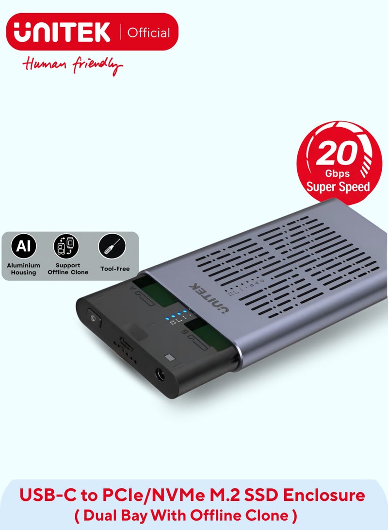 UNITEK USB-C to Dual M.2 PCIe / NVMe SSD Enclosure with Offline Clone, delivering ultra-fast 20Gbps transfer speeds, Backup & Revovery, All Data Dupilication, Sync to a new larger M.2 SSD. Supports M.2 NVMe SSD sizes (2230/2242/2260/2280) and works with Windows, Mac, PS5, and Linux, Tool Free Premium aluminum housing.  - Image 1