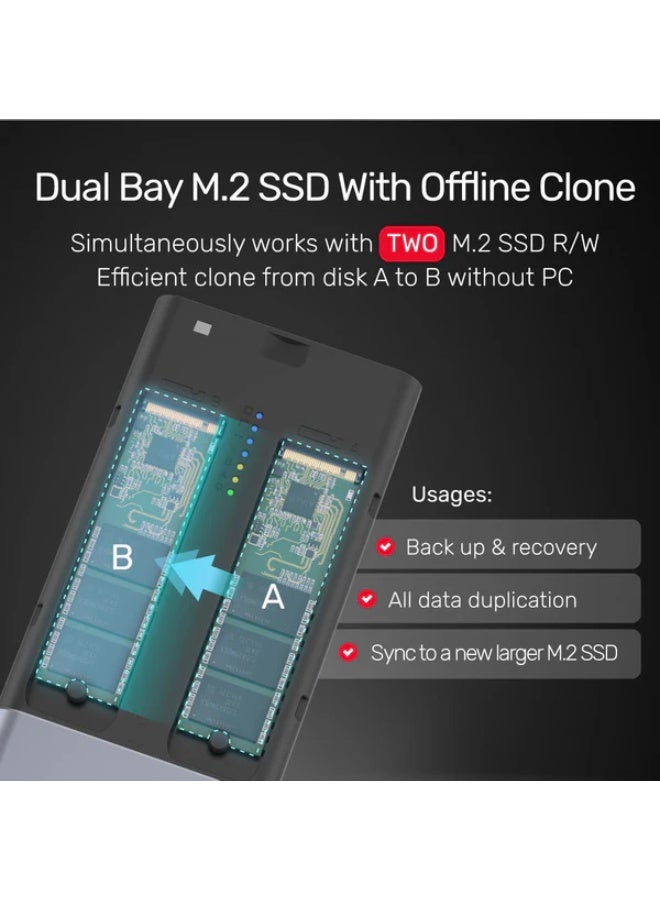 UNITEK USB-C to Dual M.2 PCIe / NVMe SSD Enclosure with Offline Clone, delivering ultra-fast 20Gbps transfer speeds, Backup & Revovery, All Data Dupilication, Sync to a new larger M.2 SSD. Supports M.2 NVMe SSD sizes (2230/2242/2260/2280) and works with Windows, Mac, PS5, and Linux, Tool Free Premium aluminum housing.  - Image 2