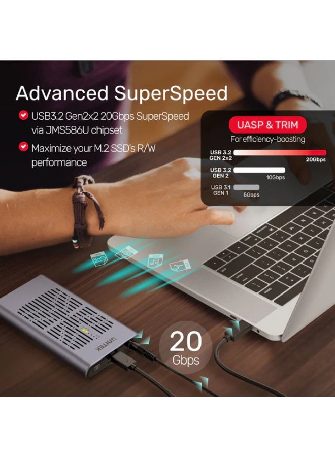 UNITEK USB-C to Dual M.2 PCIe / NVMe SSD Enclosure with Offline Clone, delivering ultra-fast 20Gbps transfer speeds, Backup & Revovery, All Data Dupilication, Sync to a new larger M.2 SSD. Supports M.2 NVMe SSD sizes (2230/2242/2260/2280) and works with Windows, Mac, PS5, and Linux, Tool Free Premium aluminum housing.  - Image 3