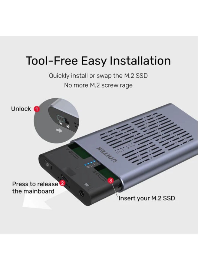 UNITEK USB-C to Dual M.2 PCIe / NVMe SSD Enclosure with Offline Clone, delivering ultra-fast 20Gbps transfer speeds, Backup & Revovery, All Data Dupilication, Sync to a new larger M.2 SSD. Supports M.2 NVMe SSD sizes (2230/2242/2260/2280) and works with Windows, Mac, PS5, and Linux, Tool Free Premium aluminum housing.  - Image 4