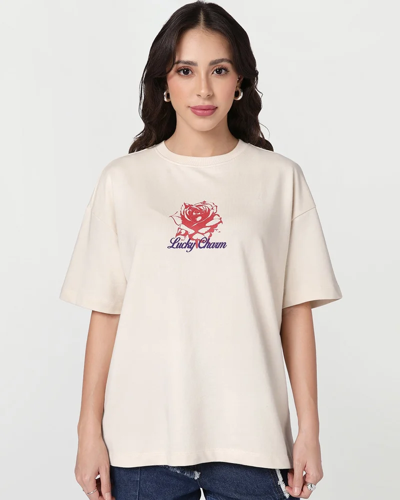 Women's Beige Lucky Charm Graphic Printed Oversized T-shirt