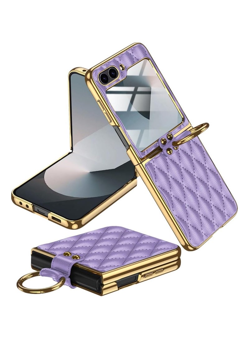 Case for Galaxy Z Flip 6 Case, Built-in Screen Protector with Ring Holder Leather Case with Golden Color Plating Shockproof Anti-Skid Full Coverage Protective Cover for Z Flip 6 - Image 1