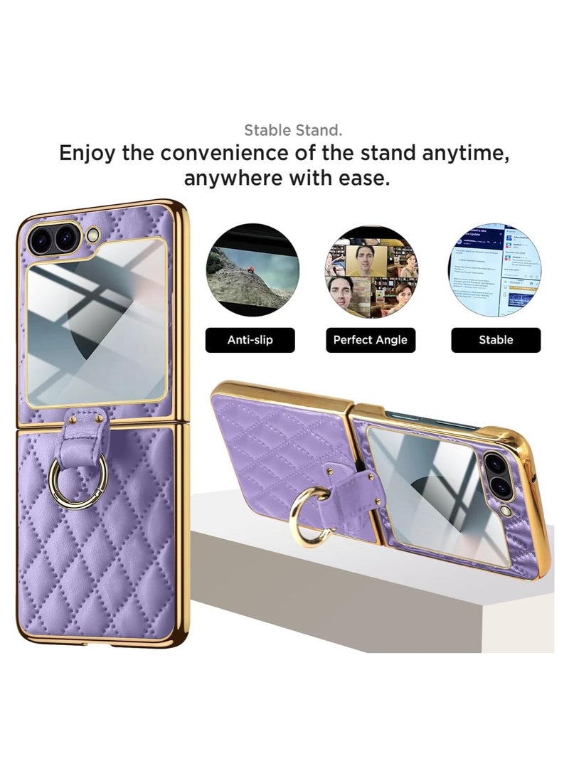 Case for Galaxy Z Flip 6 Case, Built-in Screen Protector with Ring Holder Leather Case with Golden Color Plating Shockproof Anti-Skid Full Coverage Protective Cover for Z Flip 6 - Image 2