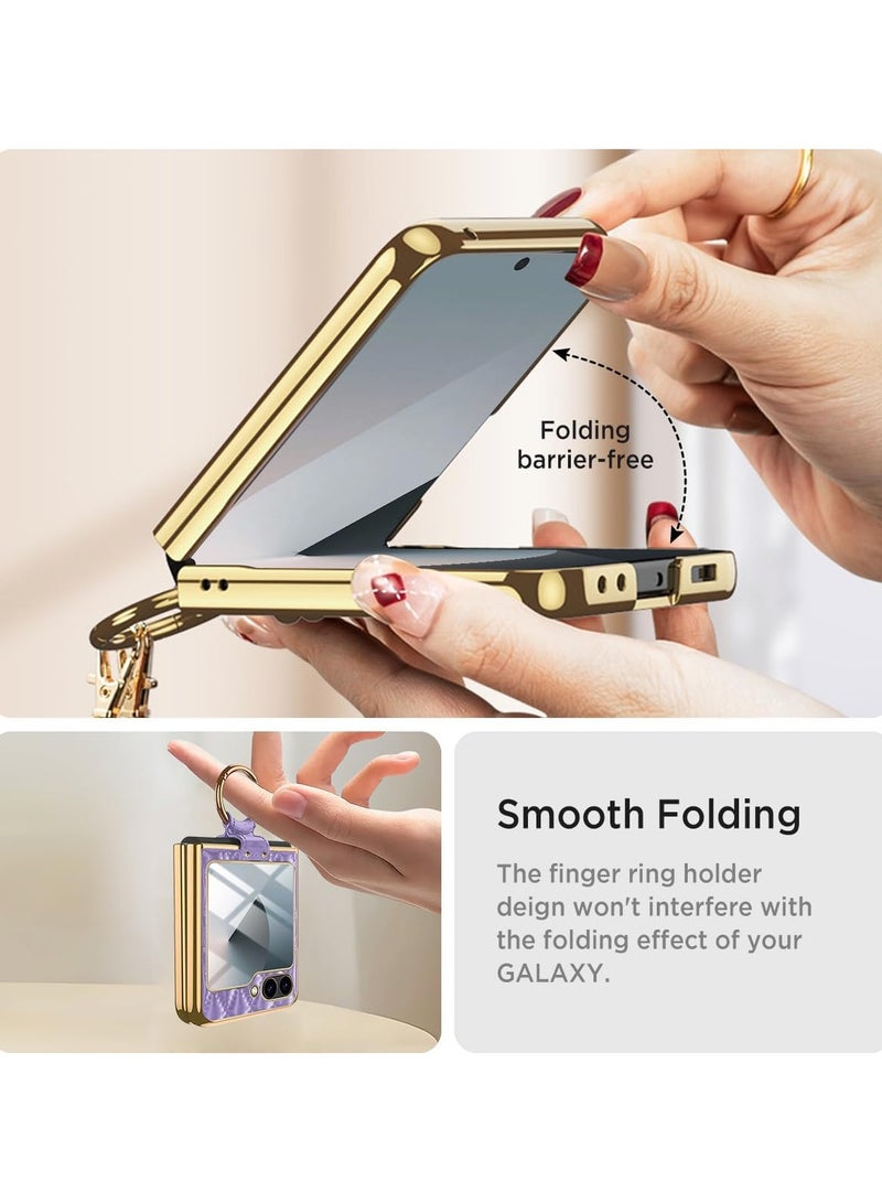 Case for Galaxy Z Flip 6 Case, Built-in Screen Protector with Ring Holder Leather Case with Golden Color Plating Shockproof Anti-Skid Full Coverage Protective Cover for Z Flip 6 - Image 5