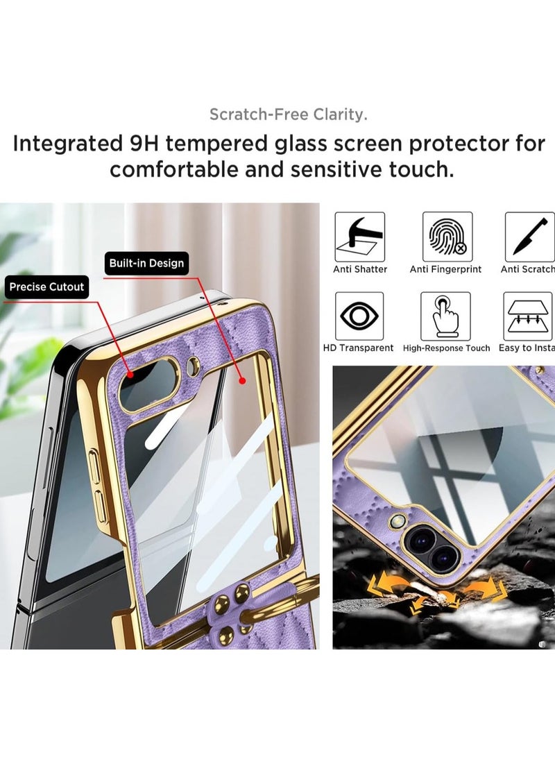 Case for Galaxy Z Flip 6 Case, Built-in Screen Protector with Ring Holder Leather Case with Golden Color Plating Shockproof Anti-Skid Full Coverage Protective Cover for Z Flip 6 - Image 3