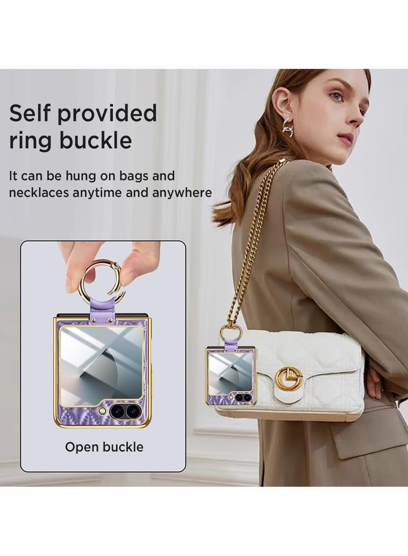 Case for Galaxy Z Flip 6 Case, Built-in Screen Protector with Ring Holder Leather Case with Golden Color Plating Shockproof Anti-Skid Full Coverage Protective Cover for Z Flip 6 - Image 4