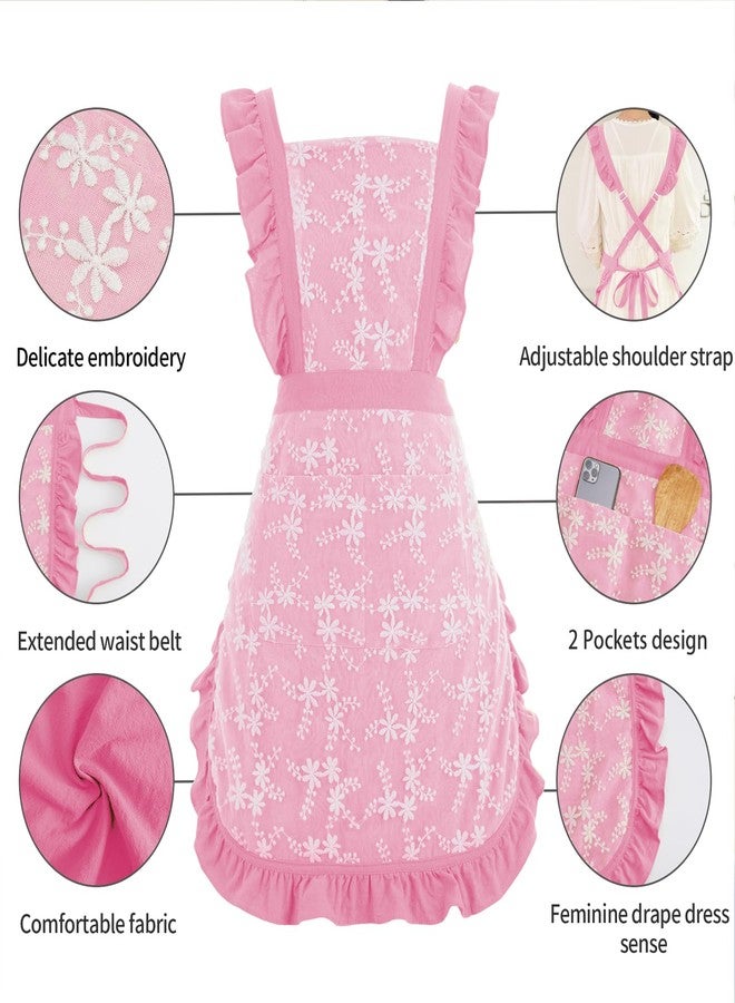 Pinknoke Vintage Pinafore Apron Dress for Women with Pockets Cute Floral Chef Aprons for Kitchen Cooking Baking Gardening (Pink) - Image 5