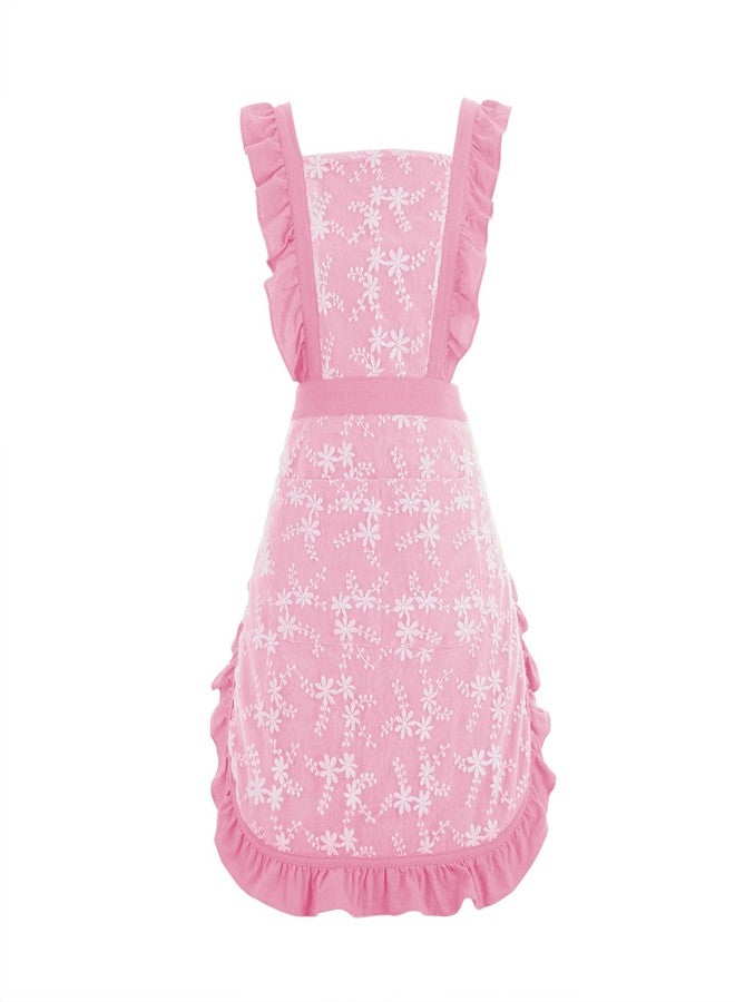 Pinknoke Vintage Pinafore Apron Dress for Women with Pockets Cute Floral Chef Aprons for Kitchen Cooking Baking Gardening (Pink) - Image 1