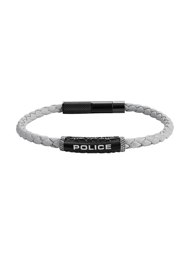 بوليس Police Warren Grey Leather With Black And Gun Wing Logo Gents Bracelet - PEAGB0033603