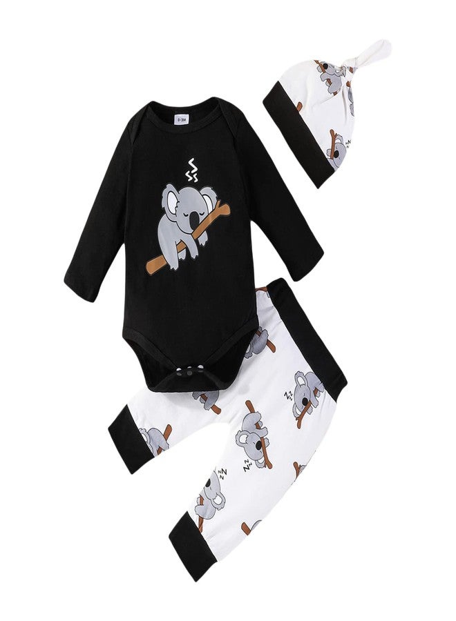 FOMOYUU Newborn Baby Boy Clothes Long Sleeve Romper Koalas Print Coming Home Outfit Bodysuit Pant Set 2PCS for Fall Winter (Black, 0-3 Months) - Image 1