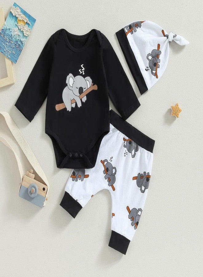 FOMOYUU Newborn Baby Boy Clothes Long Sleeve Romper Koalas Print Coming Home Outfit Bodysuit Pant Set 2PCS for Fall Winter (Black, 0-3 Months) - Image 2