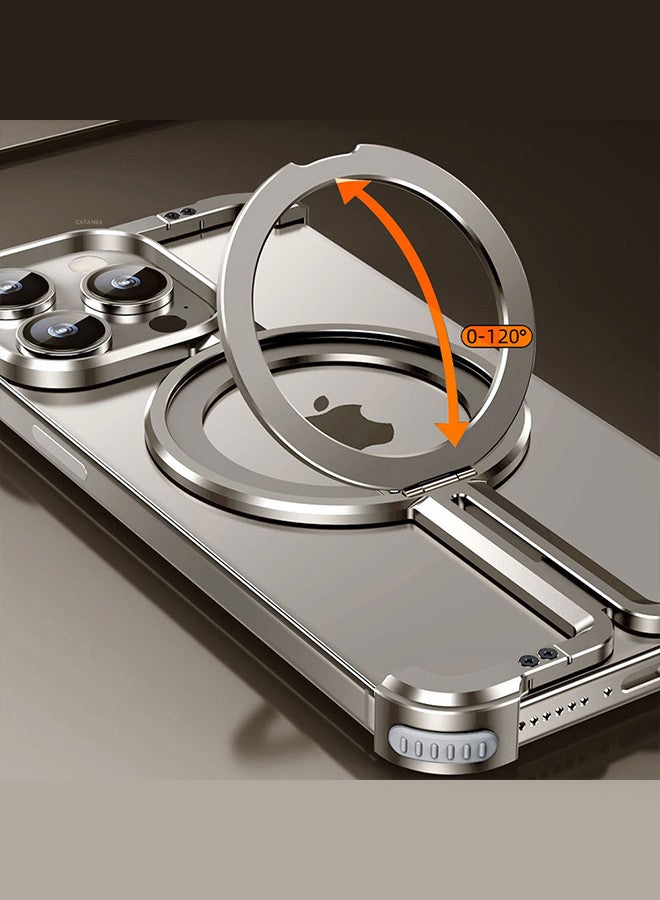 CATANES iPhone 15 Pro Max Case Cover Lightweight Metal Shock Proof BarMagsafe Case Finger Ring Holder Shockproof Phone Cover Bumper Magnetic Wireless Charging Mobile Phone Kickstand Protective Case Silver - Image 1