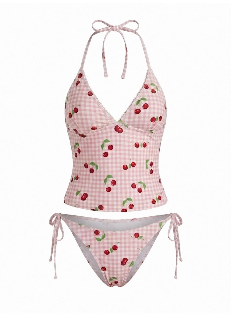 Aura Style Women's 2-Piece Tankini Bikini Swimsuit Set Cherry Print Gingham Halter Bathing Suit with Tie-Side Bottom - Image 5